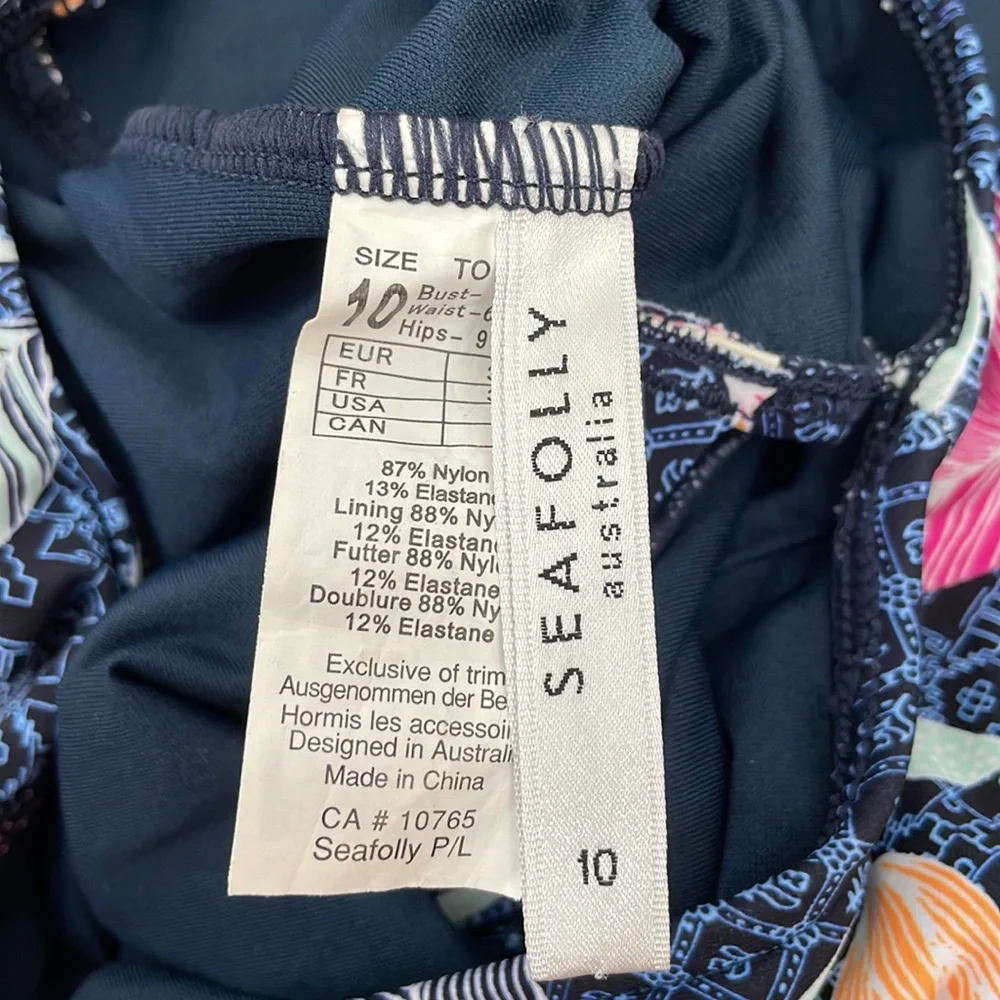 NWOT SEAFOLLY Active Blue Floral Deep V-Neck One-Piece Swimsuit